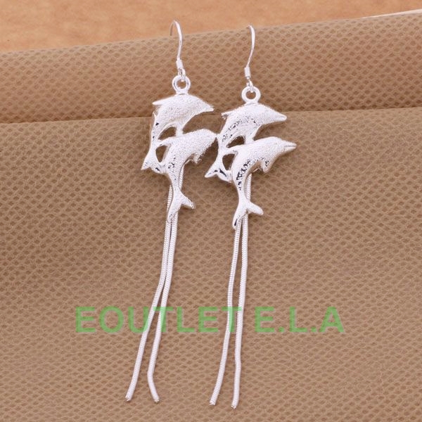 95mm DOUBLE DOLPHIN SILVER DANGLE EARRINGS